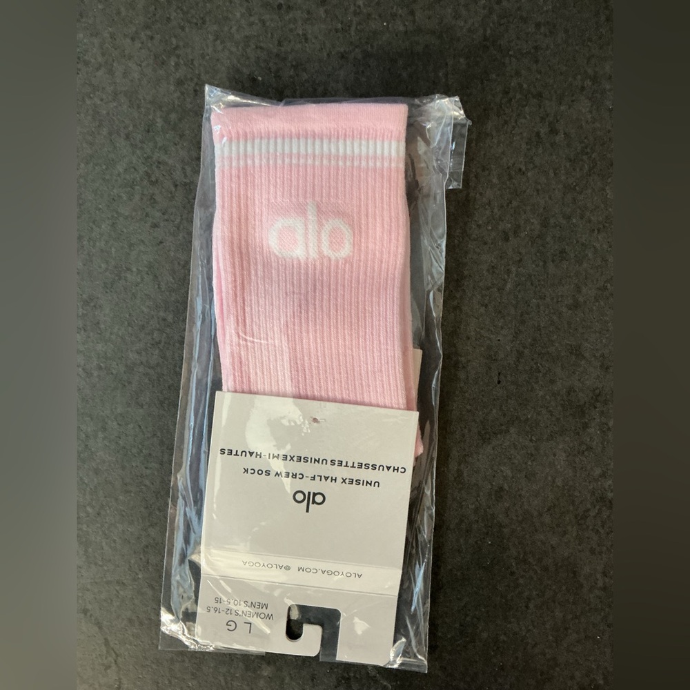 ALO Yoga Pink Crew Athletic Socks with White Logo and Stripes